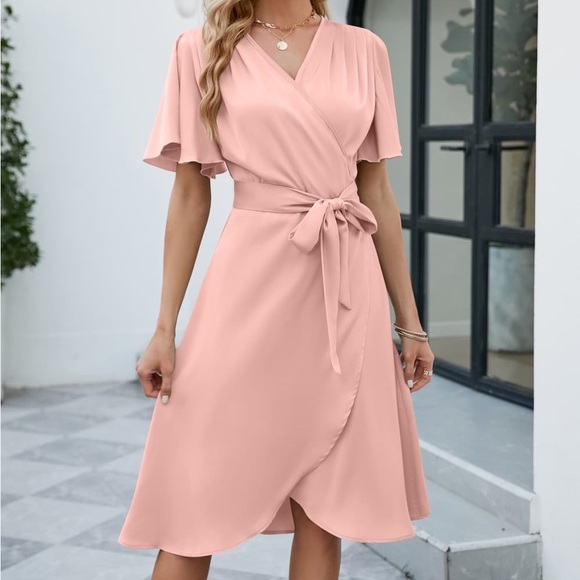 Brand new - tie waist flutter sleeve dress - peach color - Picture 3 of 8